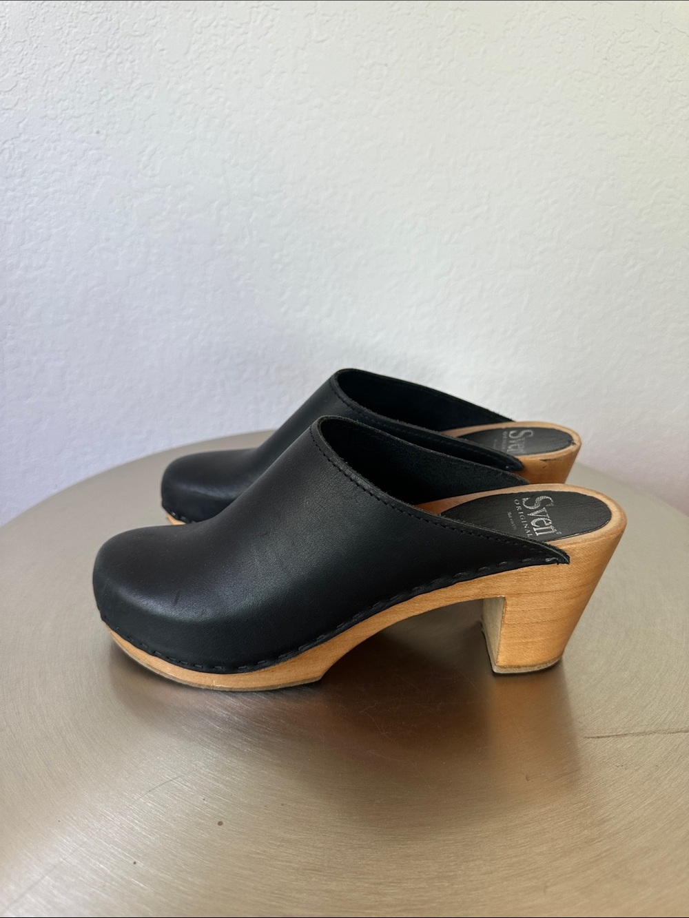 Sven Black Leather Mule Clogs with Wood Heel
